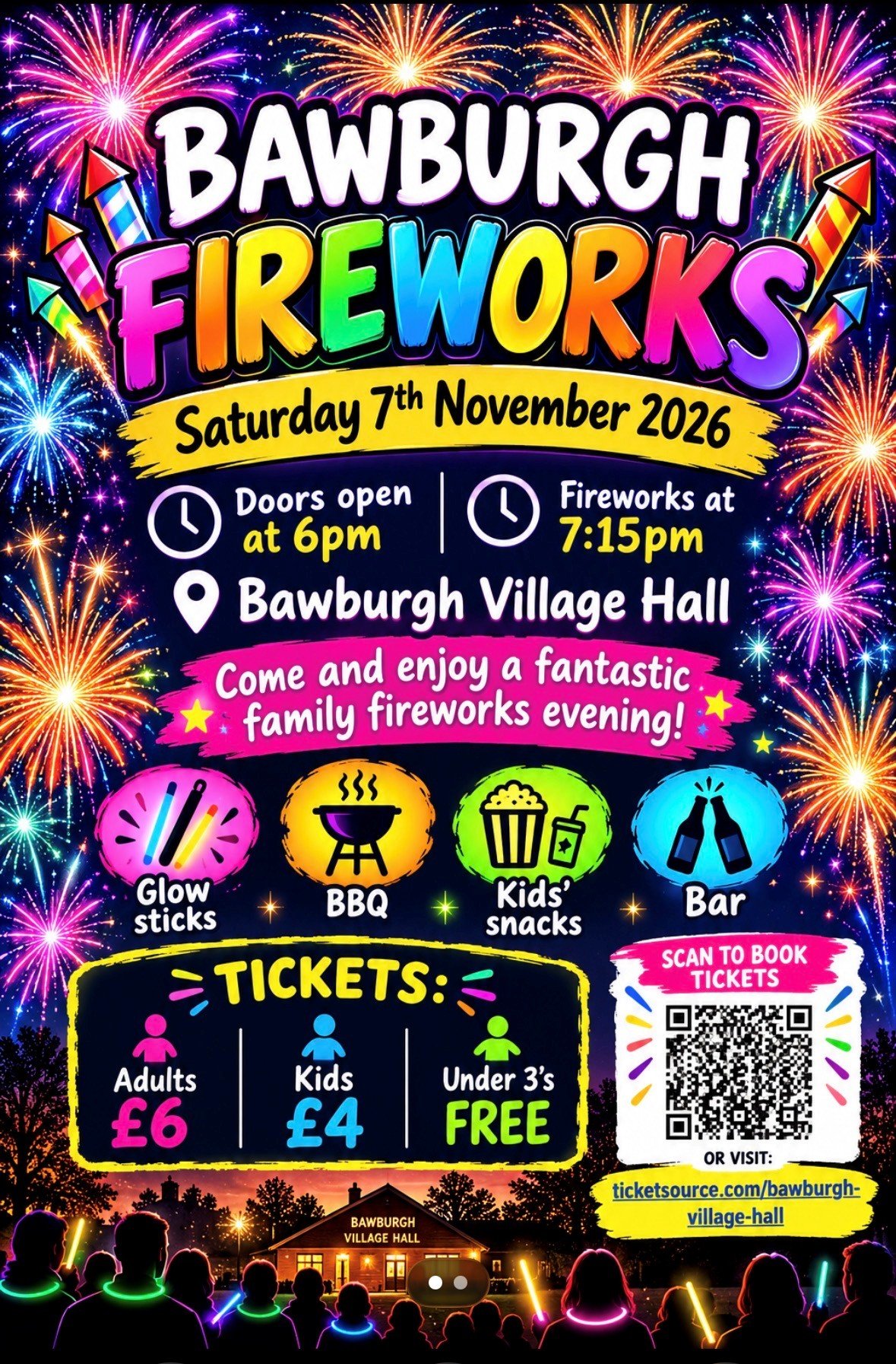 Colourful poster with firework night details.